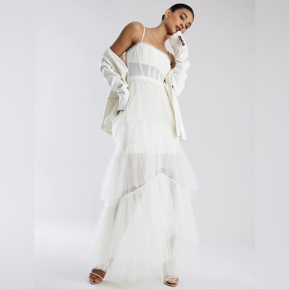 BCBGMAXAZRIA Oly Tiered Ruffle Tulle Evening Gown in Gardenia  NWT - Picture 5 of 9